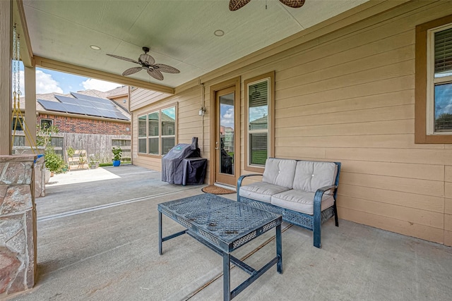 1219 Posey Ridge Trl, Katy, TX 77494 - view of patio / terrace featuring fence, an outdoor hangout area, ceiling fan, and area for grilling