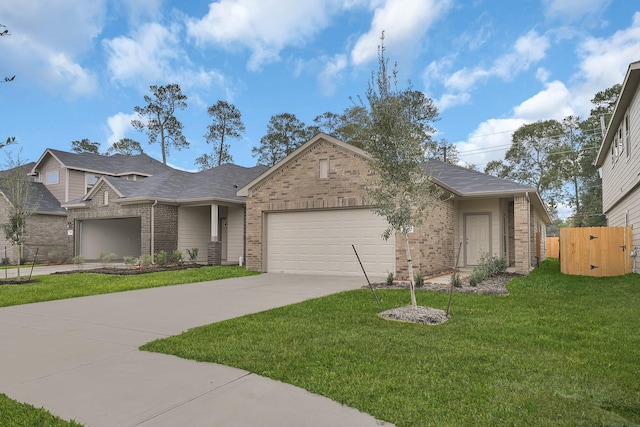 view of front of house featuring fence, an attached garage, a front lawn, brick siding, and driveway