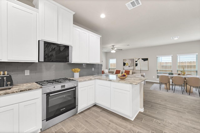 kitchen with a wealth of natural light, stainless steel gas range oven, a ceiling fan, and visible vents