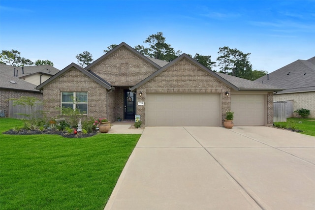 view of front facade featuring concrete driveway, brick siding, an attached garage, and a front lawn