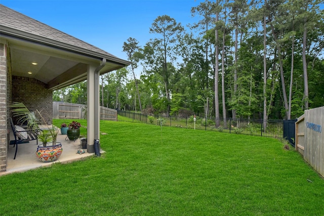 view of yard with a fenced backyard and a patio