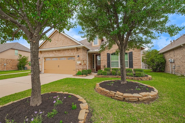 view of front facade featuring an attached garage, a front lawn, brick siding, and concrete driveway