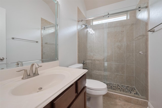 full bathroom with vanity, toilet, and a stall shower