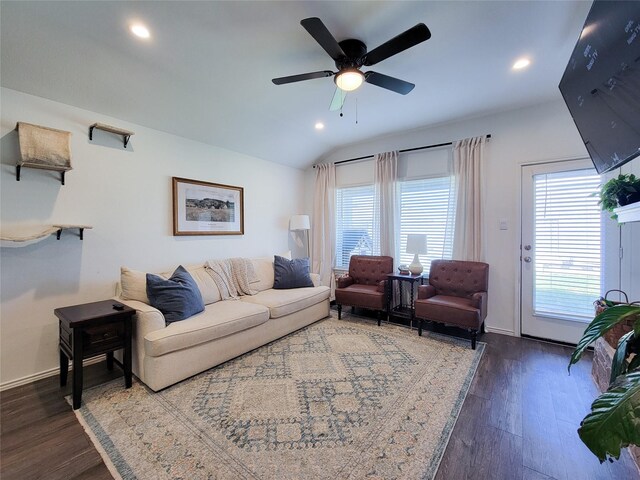 living room with recessed lighting, ceiling fan, vaulted ceiling, and dark wood-style floors