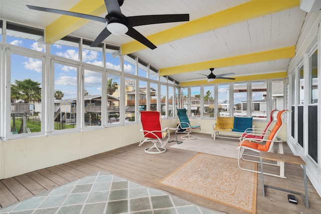 22118 Matagorda Dr, Galveston, TX 77554 - sunroom featuring wood-type flooring and a ceiling fan