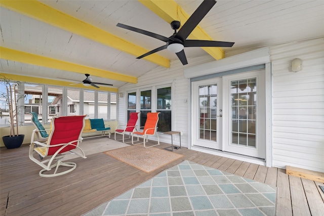22118 Matagorda Dr, Galveston, TX 77554 - sunroom / solarium featuring french doors, ceiling fan, and beam ceiling