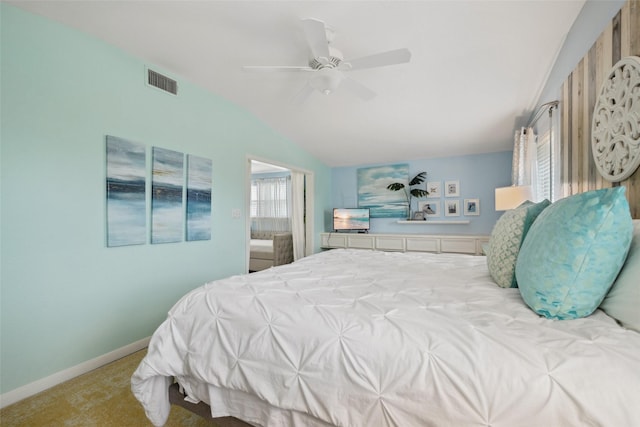 22118 Matagorda Dr, Galveston, TX 77554 - bedroom featuring carpet, a ceiling fan, baseboards, lofted ceiling, and visible vents