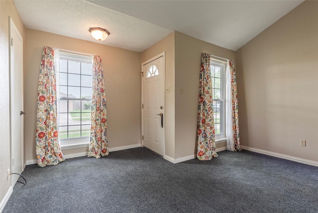 foyer with dark colored carpet, baseboards, and a wealth of natural light