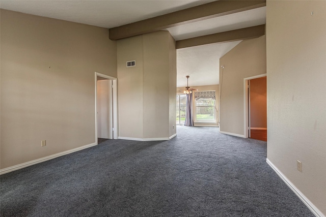 unfurnished room with visible vents, baseboards, dark carpet, vaulted ceiling with beams, and a ceiling fan
