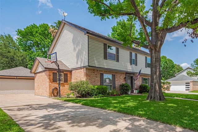 colonial-style house with a garage, concrete driveway, a front lawn, and brick siding