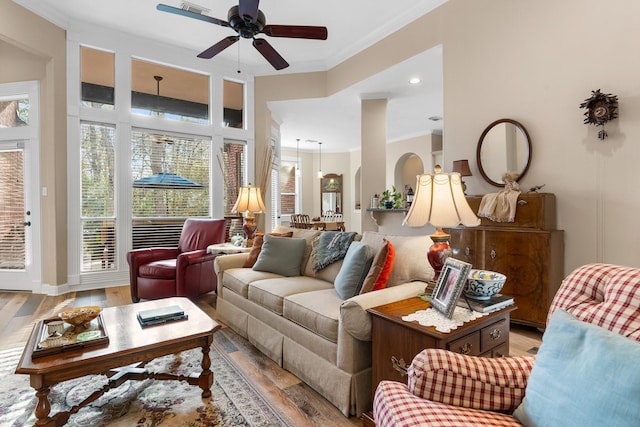 living area with crown molding, a ceiling fan, and light wood-type flooring
