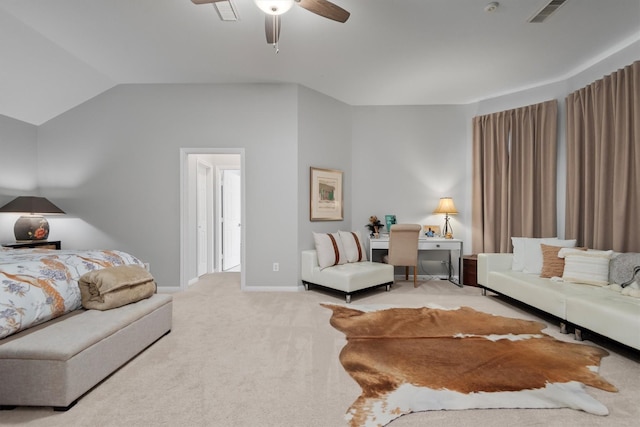 9614 Oconnor Ln, Missouri City, TX 77459 - bedroom featuring a ceiling fan, visible vents, baseboards, lofted ceiling, and light carpet