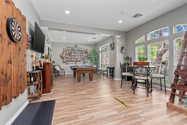 9614 Oconnor Ln, Missouri City, TX 77459 - recreation room with visible vents, pool table, baseboards, light wood finished floors, and recessed lighting
