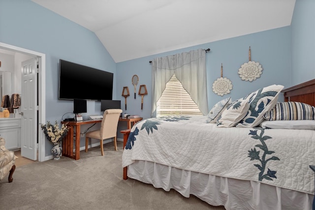9614 Oconnor Ln, Missouri City, TX 77459 - bedroom with light colored carpet, lofted ceiling, and ensuite bath
