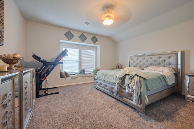 bedroom with carpet flooring, a ceiling fan, baseboards, and visible vents