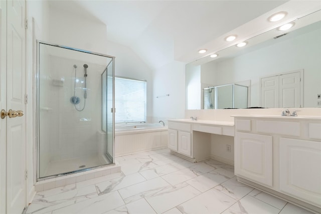 54 N Crossed Birch Pl, The Woodlands, TX 77381 - full bathroom featuring double vanity, marble finish floor, a bath, and a shower stall