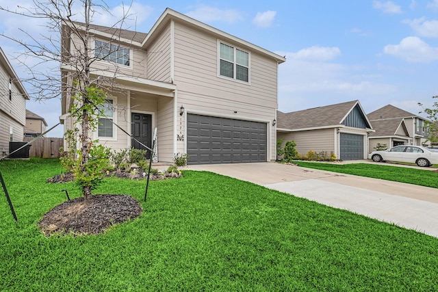 traditional home with central AC, fence, a front lawn, concrete driveway, and an attached garage