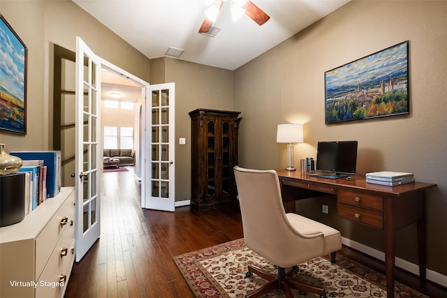 office featuring visible vents, baseboards, ceiling fan, dark wood-style floors, and french doors