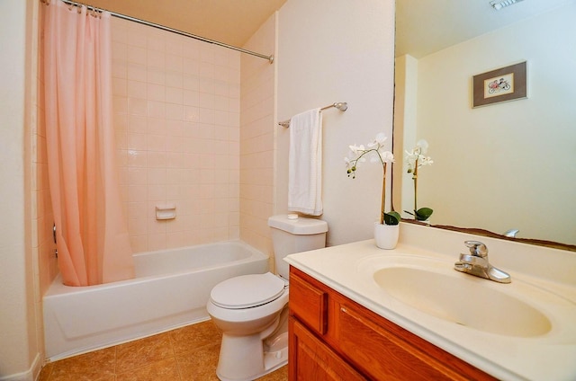 13216 Castlewind Ln, Pearland, TX 77584 - bathroom featuring vanity, tile patterned floors, shower / bath combo, and toilet