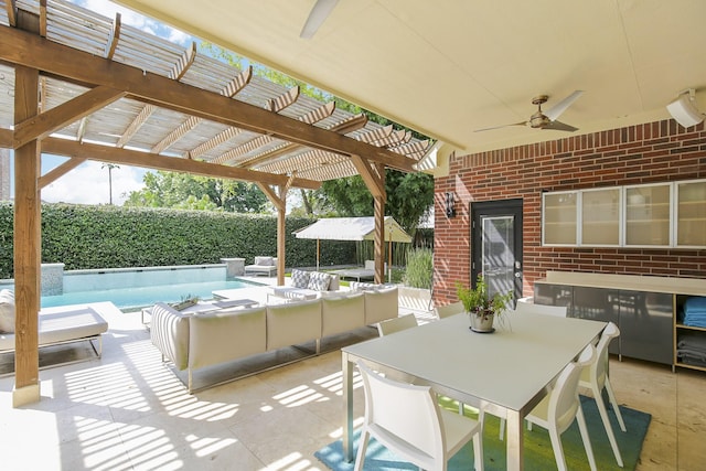 view of patio with outdoor lounge area, a pergola, a fenced backyard, a fenced in pool, and a ceiling fan