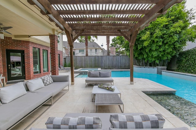 exterior space featuring a fenced backyard, an in ground hot tub, a pergola, and an outdoor hangout area