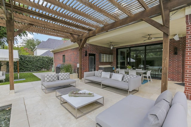 view of patio with a ceiling fan, a pergola, and an outdoor living space