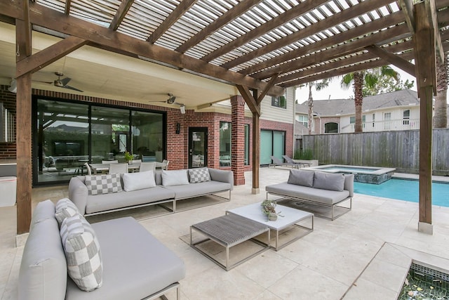 view of patio with a ceiling fan, fence, a pergola, and an outdoor hangout area