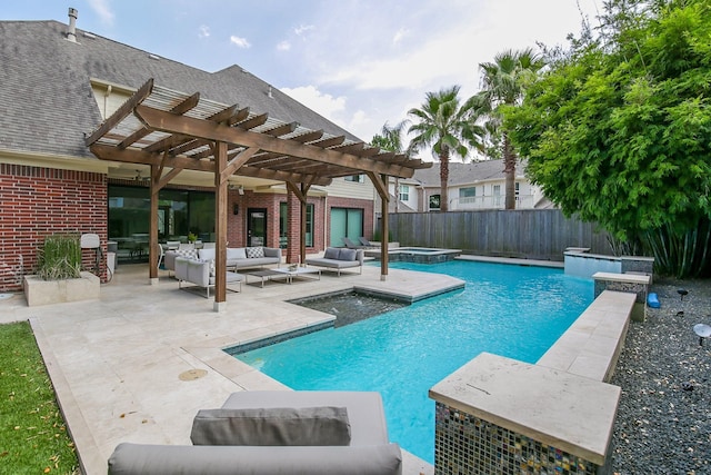 view of swimming pool featuring a pool with connected hot tub, a fenced backyard, a patio, outdoor lounge area, and a pergola