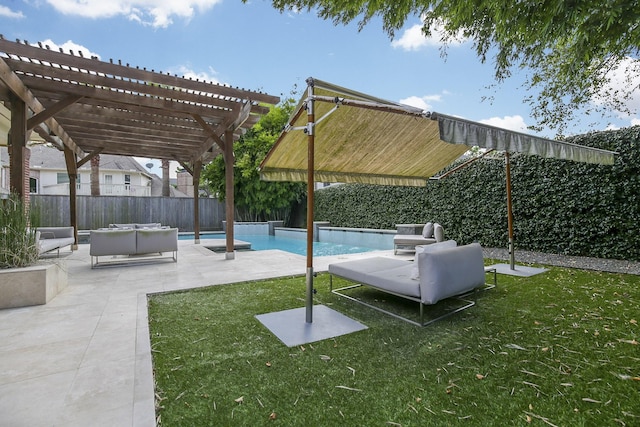 exterior space featuring a fenced backyard, a fenced in pool, a pergola, and a patio area