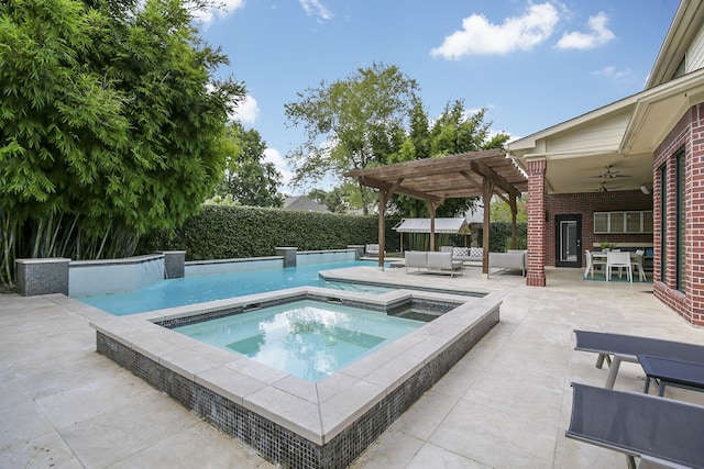 view of swimming pool featuring a pergola, outdoor dining space, a fenced in pool, an in ground hot tub, and a patio