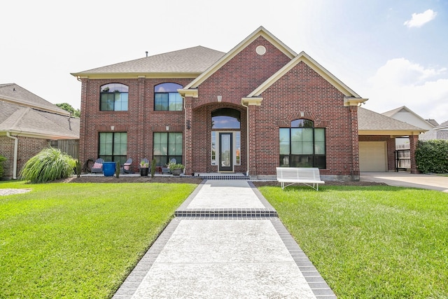 view of front facade featuring brick siding, an attached garage, a shingled roof, and a front lawn