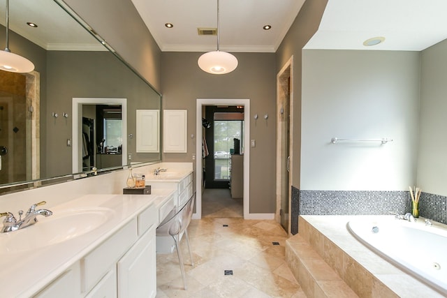 full bath featuring crown molding, a sink, and a shower stall