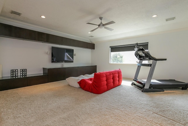workout room featuring visible vents, recessed lighting, ceiling fan, and carpet floors