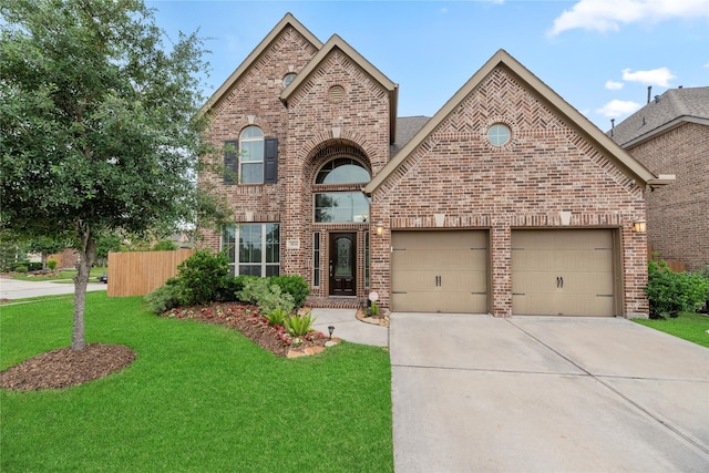 view of front of house featuring a garage, brick siding, fence, a front lawn, and concrete driveway