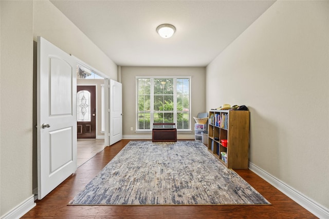 interior space featuring baseboards and dark wood-type flooring