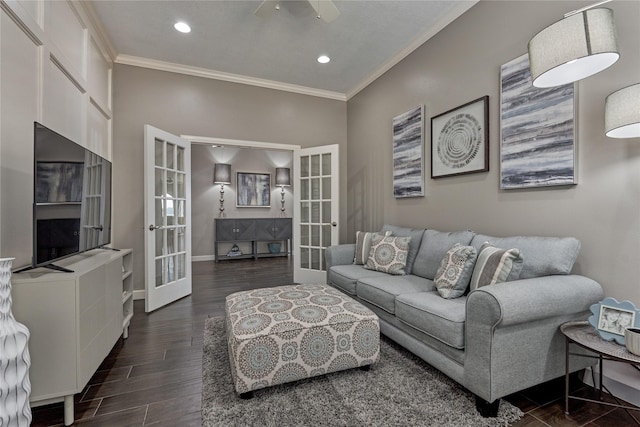 13625 Lakeside Place Dr, Willis, TX 77318 - living area with french doors, recessed lighting, crown molding, dark wood-style floors, and a ceiling fan