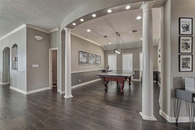 13625 Lakeside Place Dr, Willis, TX 77318 - playroom with a textured ceiling, decorative columns, and ornamental molding