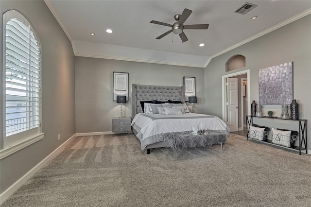 13625 Lakeside Place Dr, Willis, TX 77318 - carpeted bedroom featuring ornamental molding, baseboards, visible vents, and recessed lighting