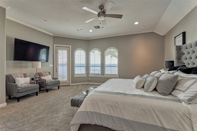 13625 Lakeside Place Dr, Willis, TX 77318 - carpeted bedroom with ornamental molding, baseboards, visible vents, and recessed lighting