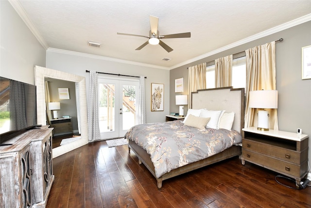 bedroom with ornamental molding, visible vents, access to exterior, and french doors