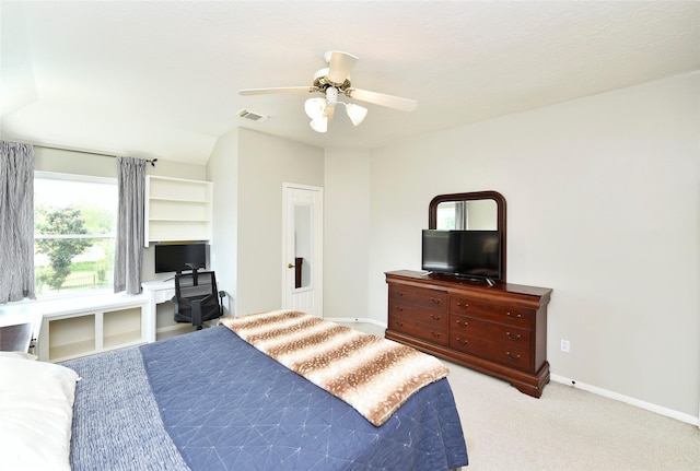 bedroom with visible vents, a ceiling fan, baseboards, and carpet floors