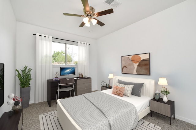 bedroom with visible vents, a ceiling fan, carpet, and baseboards
