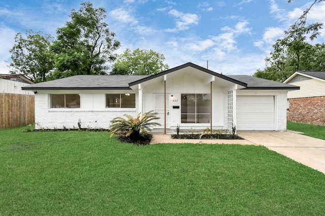 single story home featuring a garage, a front lawn, fence, and concrete driveway
