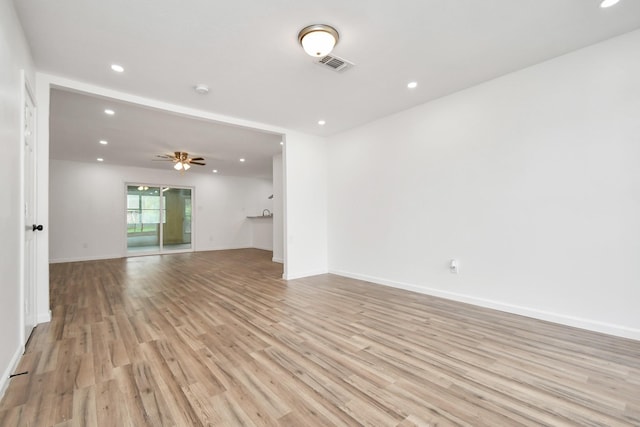 unfurnished room featuring visible vents, baseboards, ceiling fan, recessed lighting, and light wood-style flooring