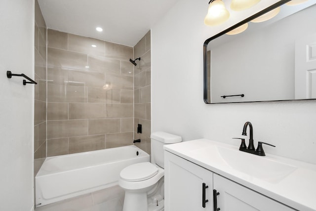 bathroom with toilet, recessed lighting, washtub / shower combination, and vanity