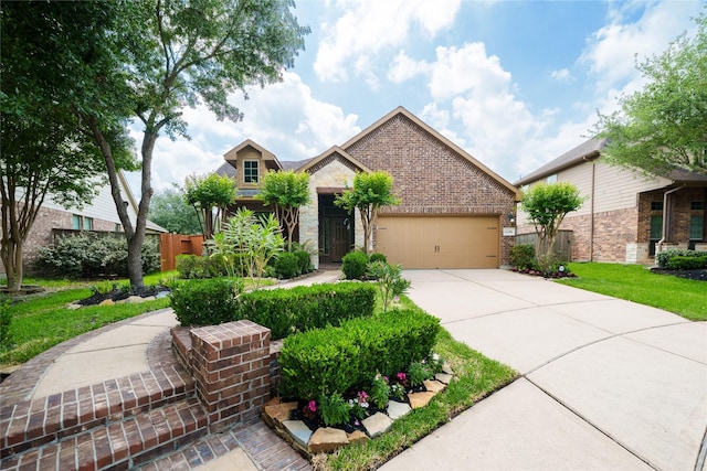 view of front of house featuring brick siding, a garage, stone siding, and concrete driveway