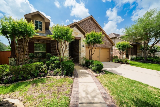 view of front of property featuring brick siding, driveway, stone siding, and a garage