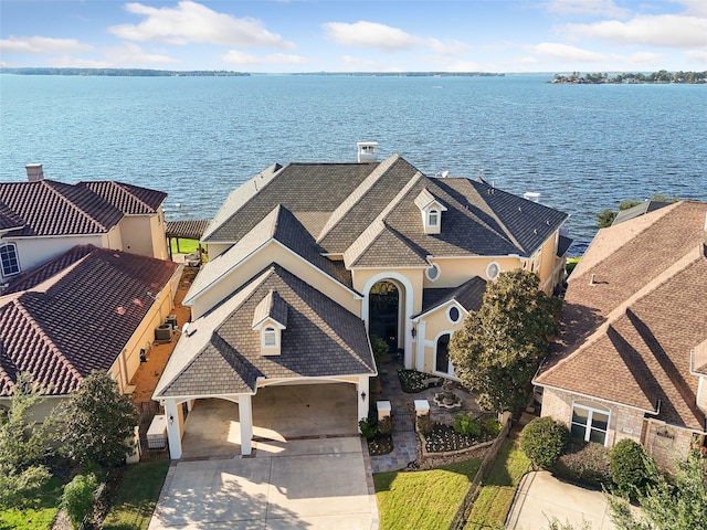 aerial view featuring a water view
