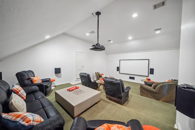 carpeted home theater room with baseboards, vaulted ceiling, recessed lighting, and visible vents