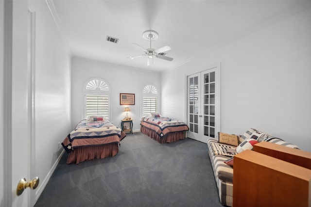 bedroom with crown molding, ceiling fan, french doors, carpet, and visible vents